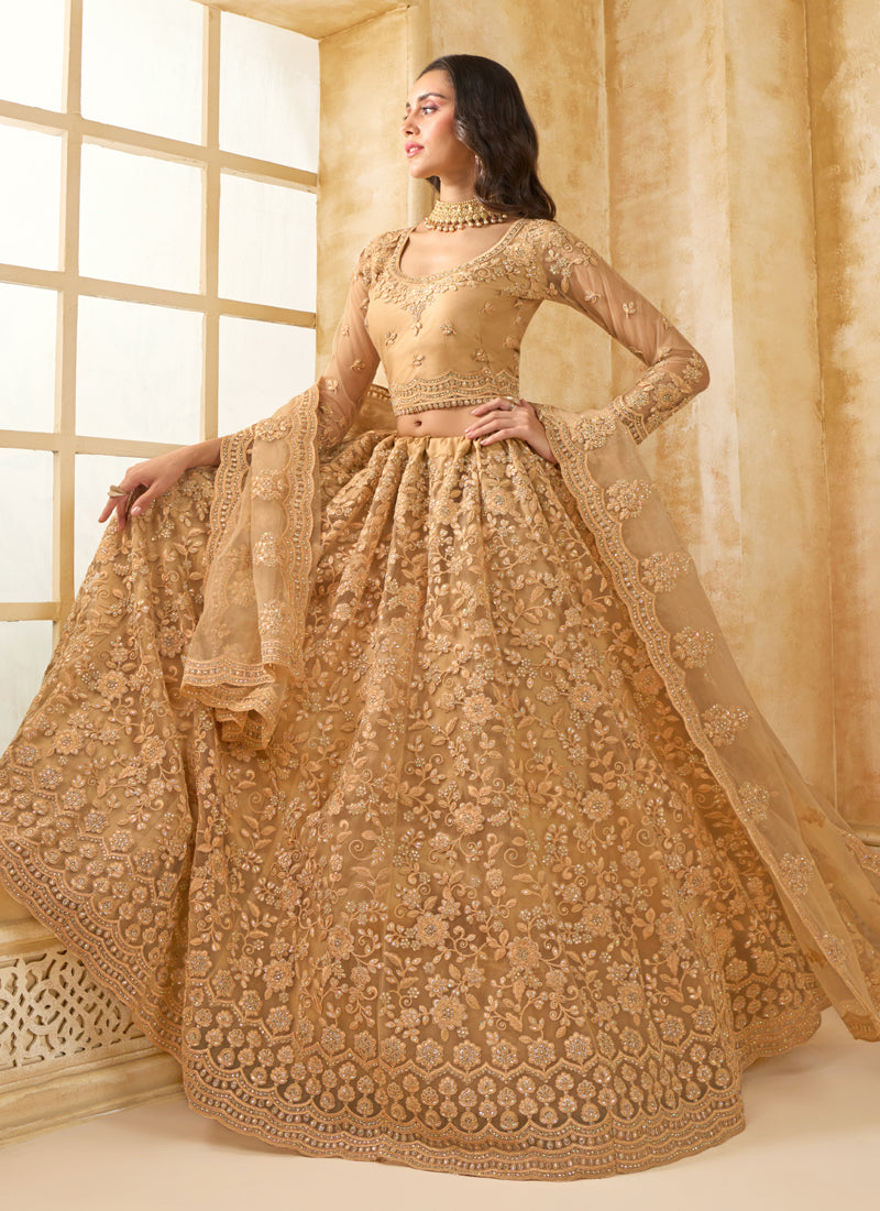 Vegaa Fashion Beige Net Thread Work Wedding Lehenga