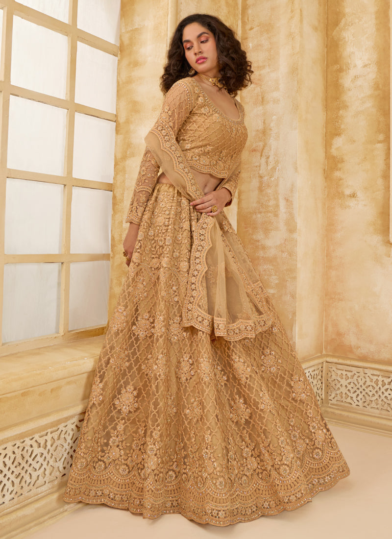 Vegaa Fashion Beige Net Thread Work Wedding Lehenga
