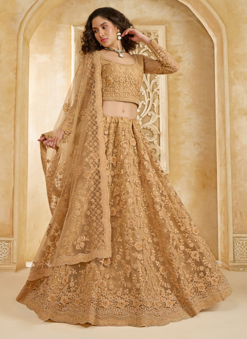 Vegaa Fashion Beige Net Thread Work Wedding Lehenga