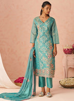 Vegaa Fashion Sky Blue Silk Zari Fancy Embroidered Designer Suit For Wedding - Distacart