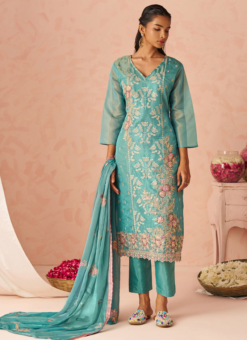Vegaa Fashion Sky Blue Silk Zari Fancy Embroidered Designer Suit For Wedding - Distacart