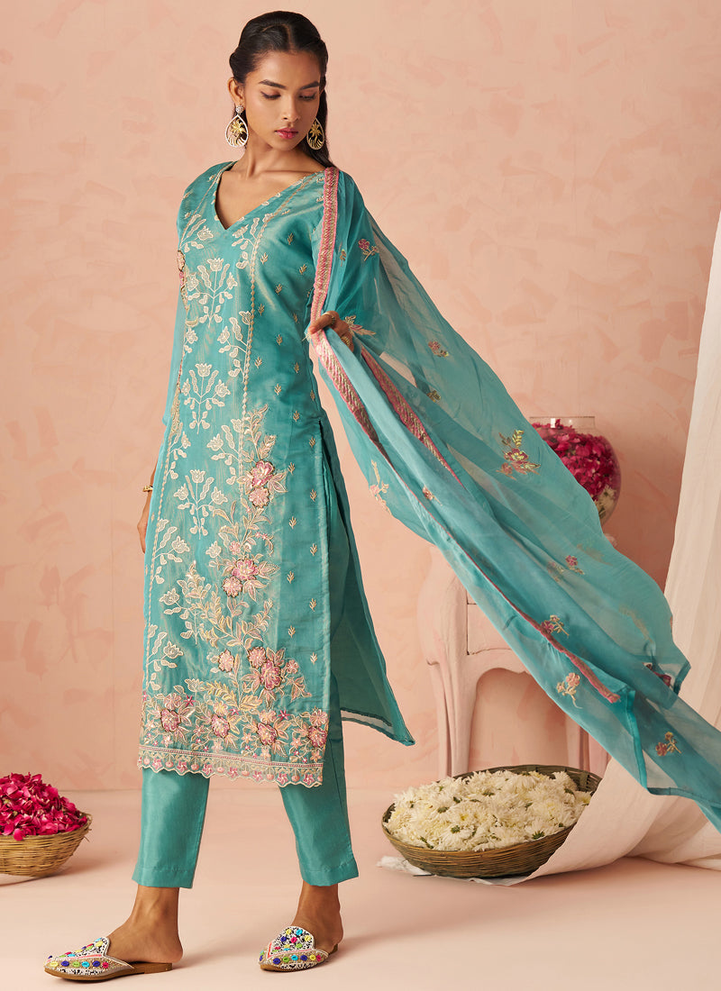 Vegaa Fashion Sky Blue Silk Zari Fancy Embroidered Designer Suit For Wedding - Distacart