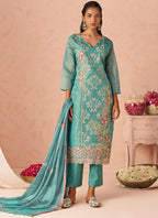 Vegaa Fashion Sky Blue Silk Zari Fancy Embroidered Designer Suit For Wedding - Distacart