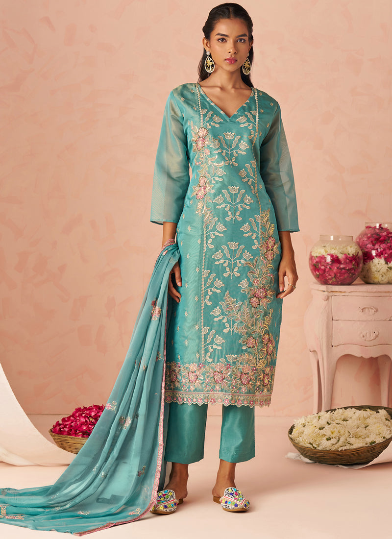 Vegaa Fashion Sky Blue Silk Zari Fancy Embroidered Designer Suit For Wedding - Distacart