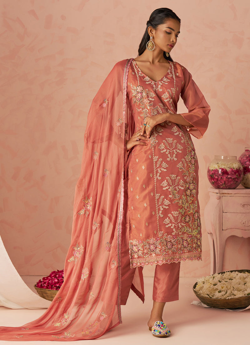 Vegaa Fashion Rust Silk Zari Fancy Embroidered Designer Suit For Wedding - Distacart