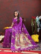 Lorenvalley Fashion Wine Soft Paithani Silk Woven Design Gold Zari Meenakari Weaving Saree
