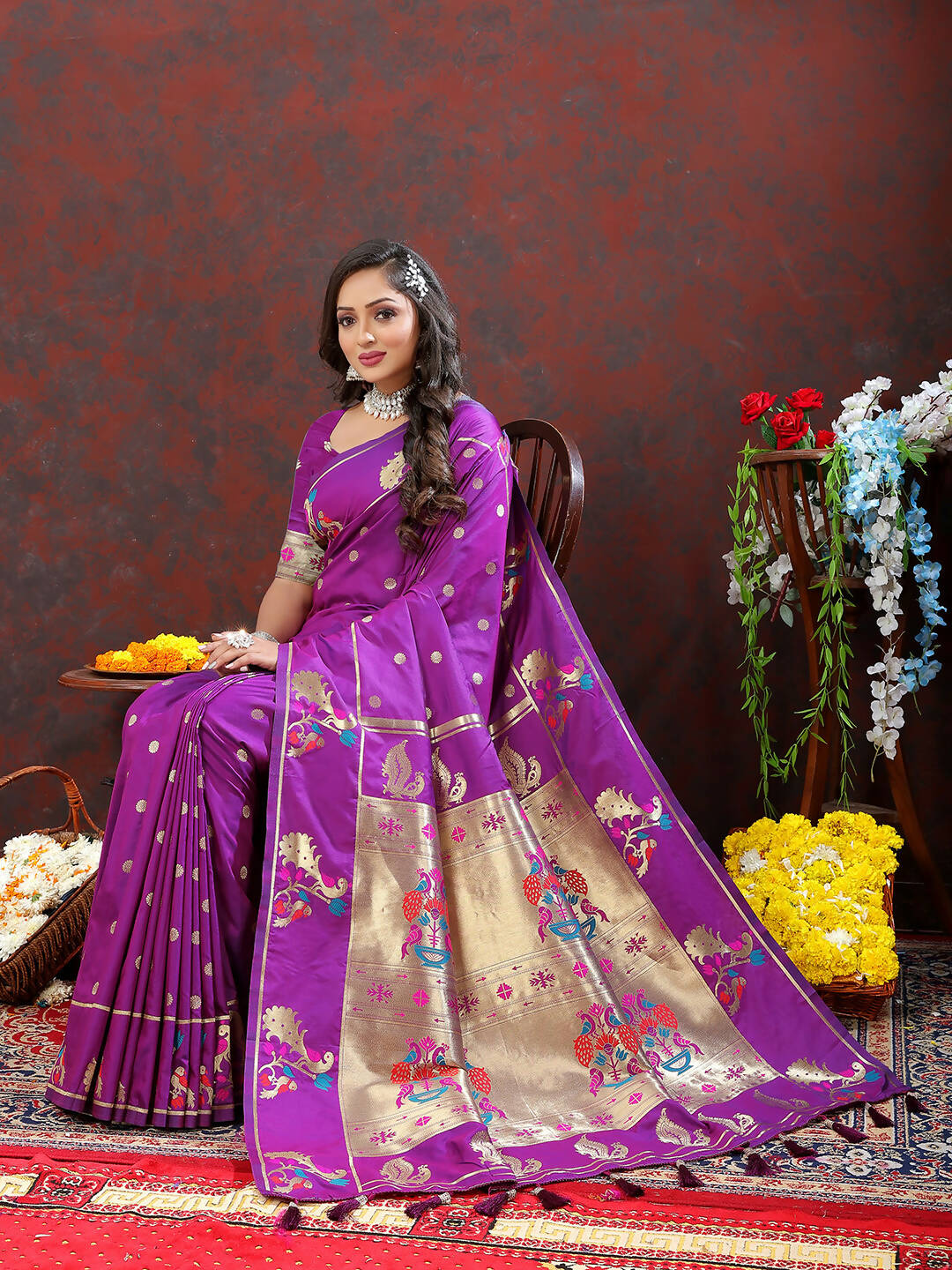Lorenvalley Fashion Wine Soft Paithani Silk Woven Design Gold Zari Meenakari Weaving Saree