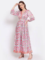 Myshka Women's Multi Printed Cotton Blend 3/4 Sleeve V Neck Casual Dress