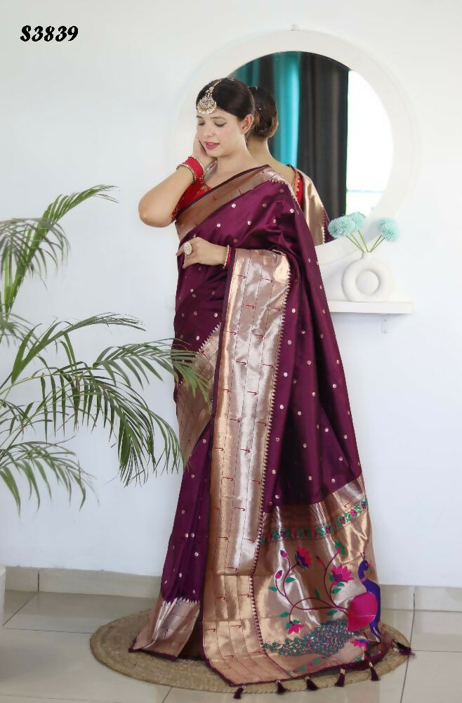 Wine Woven Jacquard Designer Embroidery Work Party Wear Saree - Parampara