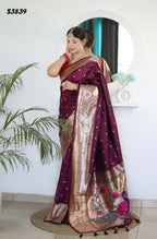 Wine Woven Jacquard Designer Embroidery Work Party Wear Saree - Parampara