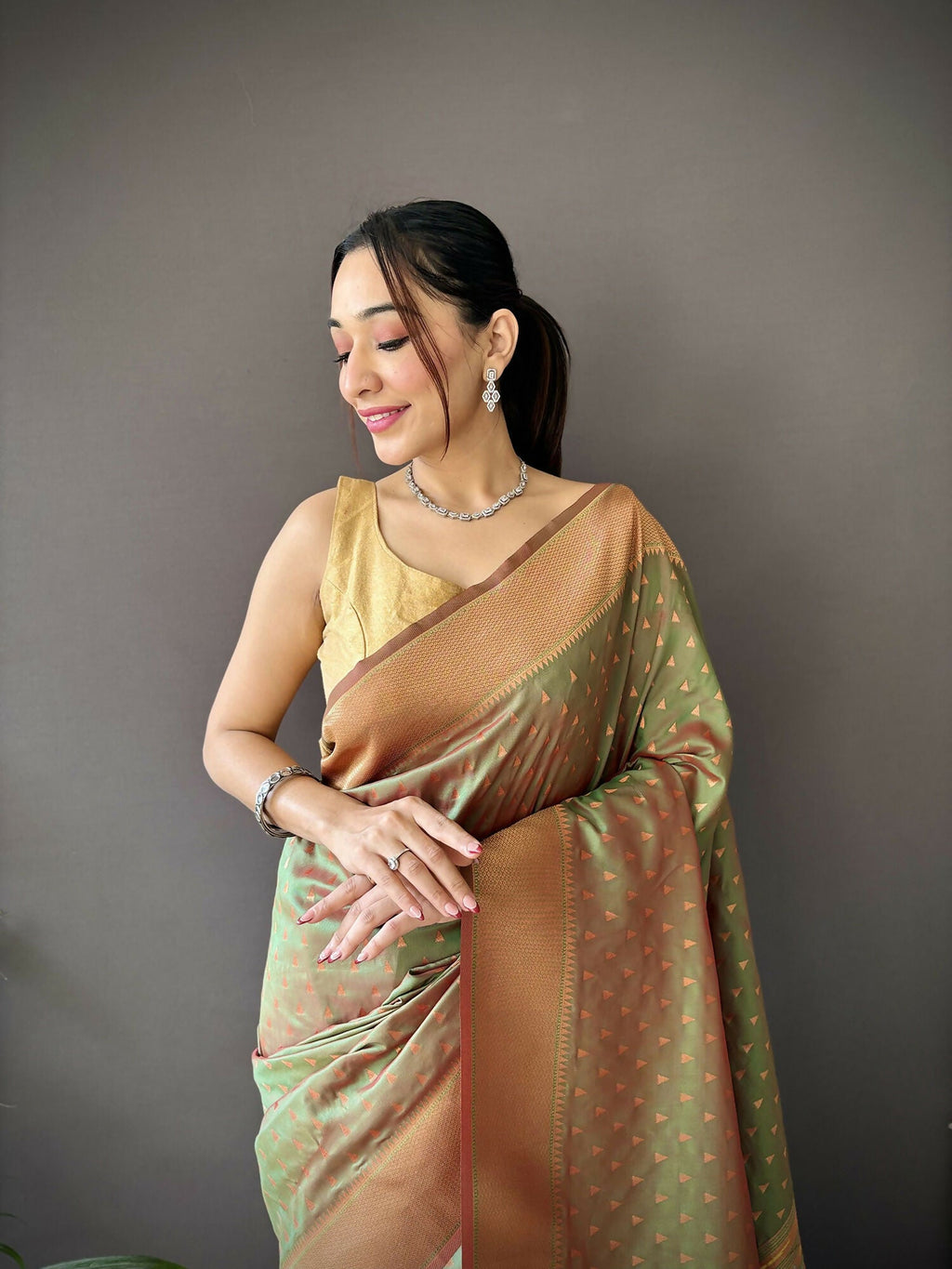 Joban Fashion Olive Green Jacquard Butti Soft Lichi Silk Paithani Saree - Distacart