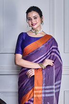 Morchari Purple Cotton Handloom Mirror Work Saree Unstitched Blouse - Distacart