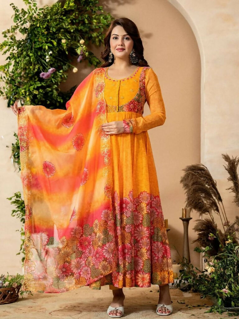 Teeya Creation Multi Color Organza Silk With Digital print With Embroidery Gown - Distacart