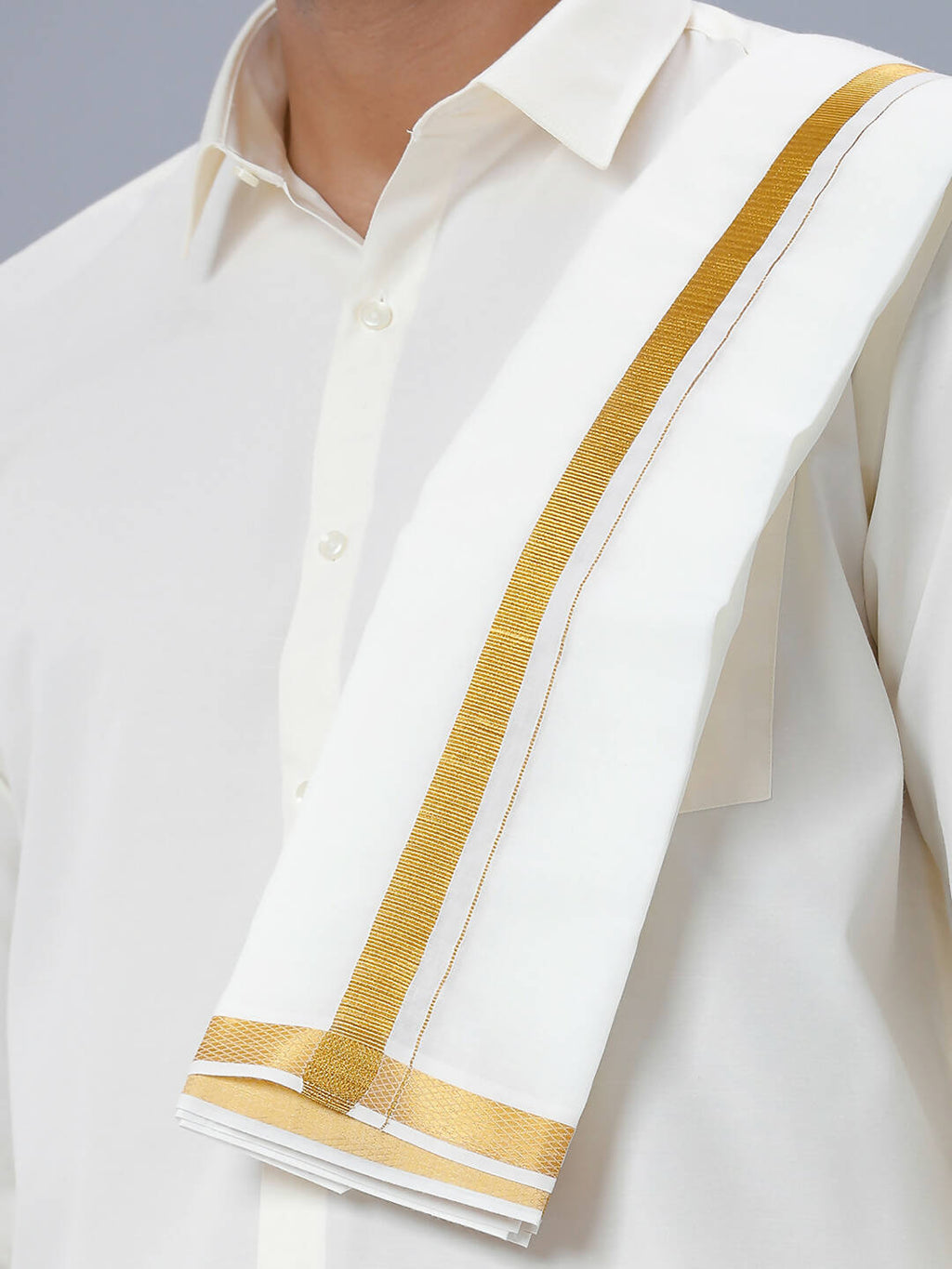 Ramraj Cotton Premium Wedding Cream Readymade Dhoti, Shirt & Towel Set Dhanvanthri