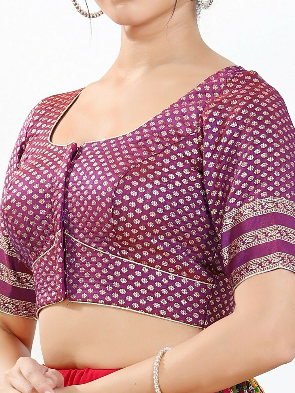 Joban Fashion Purple Brocade Padded Blouse With Round Neck Elbow Sleeves - Distacart