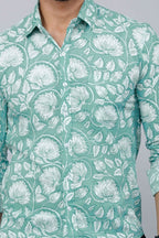 Miravan Men's Cotton Green Floral Printed Slim Fit Shirt