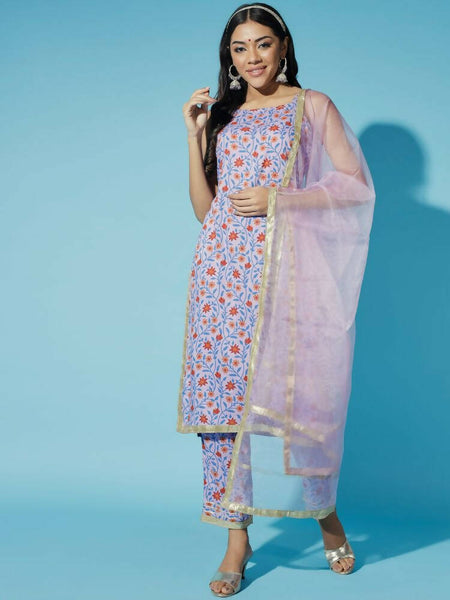 Myshka Women Printed Lavender Kurta & Trousers With Dupatta