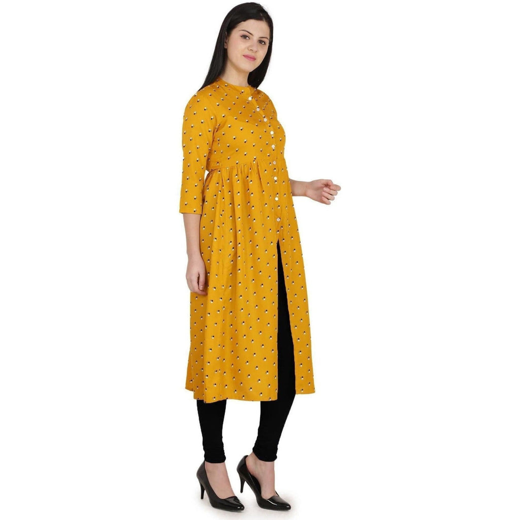 Kanoor Women's Yellow A Line Round Neck Kurti