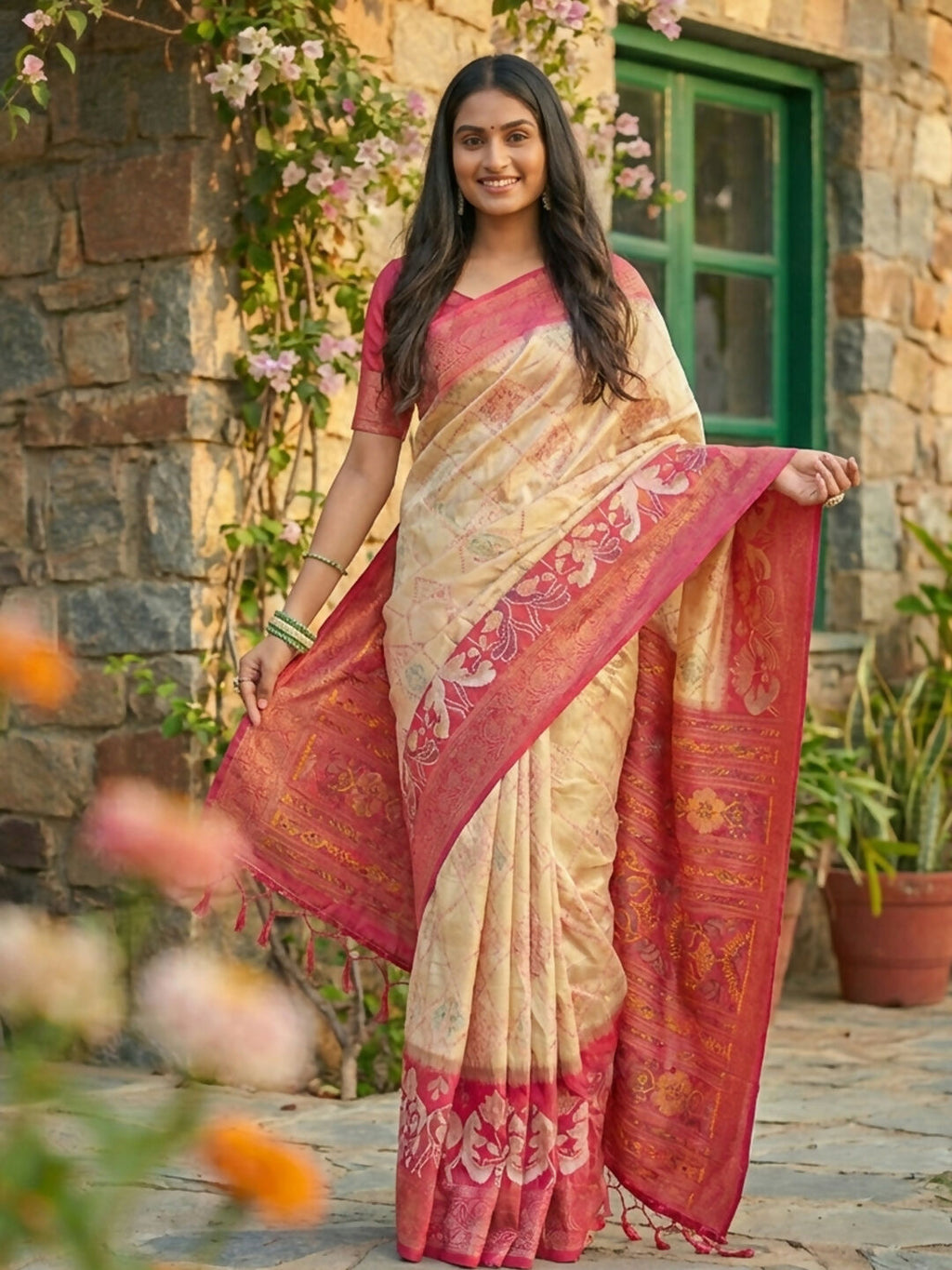 Shree Shyam Fashion Cream Pochampally Silk Saree - Distacart
