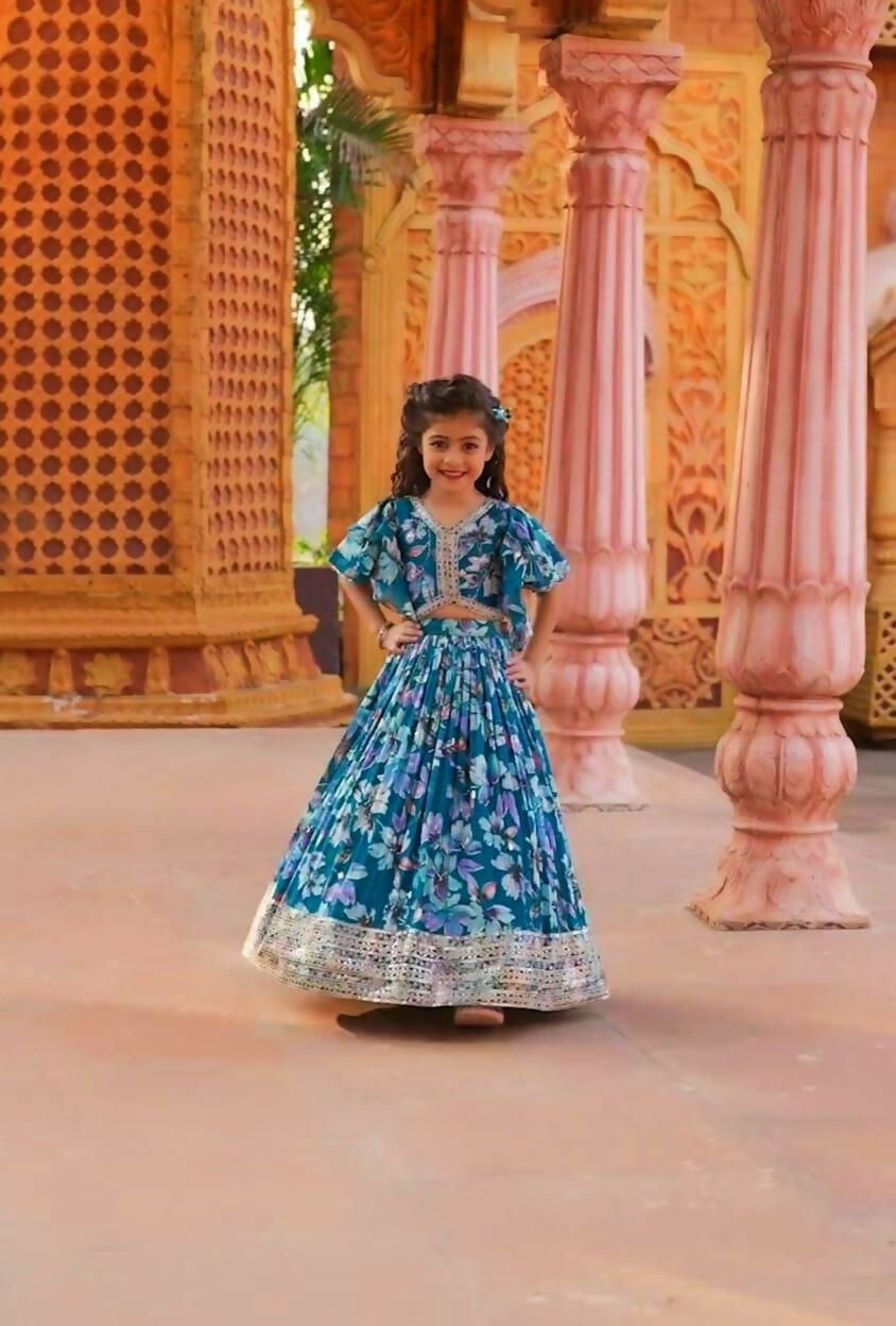 Jyoti Fashion Beautiful Blue Faux Georgette Digital Printed with Sequins Embroidered Kids Lehenga Choli Set