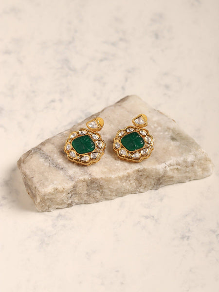 Green Gold-Polished Kundan Studs Earrings - Ruby Raang