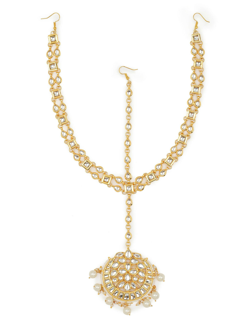 Gold-Plated White Kundan-Studded Pearl Beaded Matha Patti - Ruby Raang - Distacart