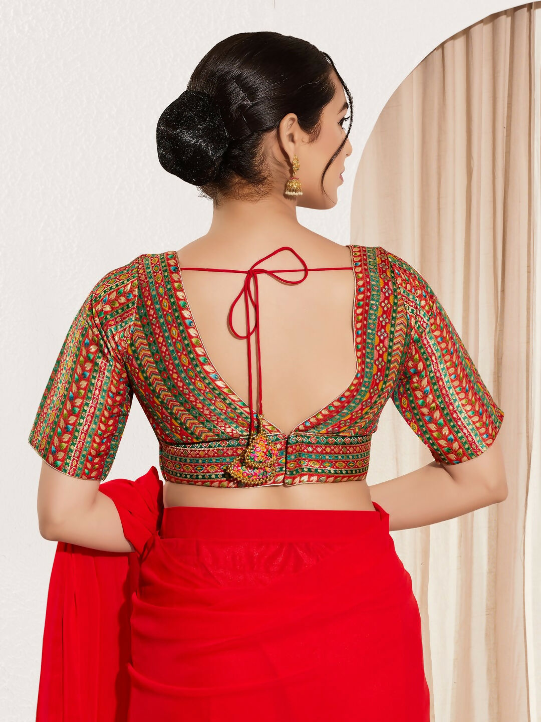 Joban Fashion Red Multi Brocade Padded Blouse With V Neck Elbow Sleeves - Distacart