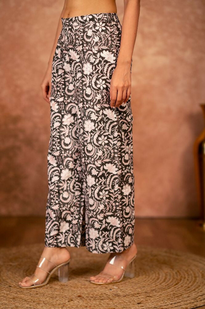 Joban Fashion Black Floral Hand Block Printed Cotton Kurta Pant Set - Distacart