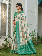 Shree Shyam Fashion Cream With Sea Green Silk Blend Saree - Distacart