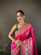 Joban Fashion Rani Pink Elephant & Floral Motifs Soft Lichi Silk Banarasi Saree - Distacart