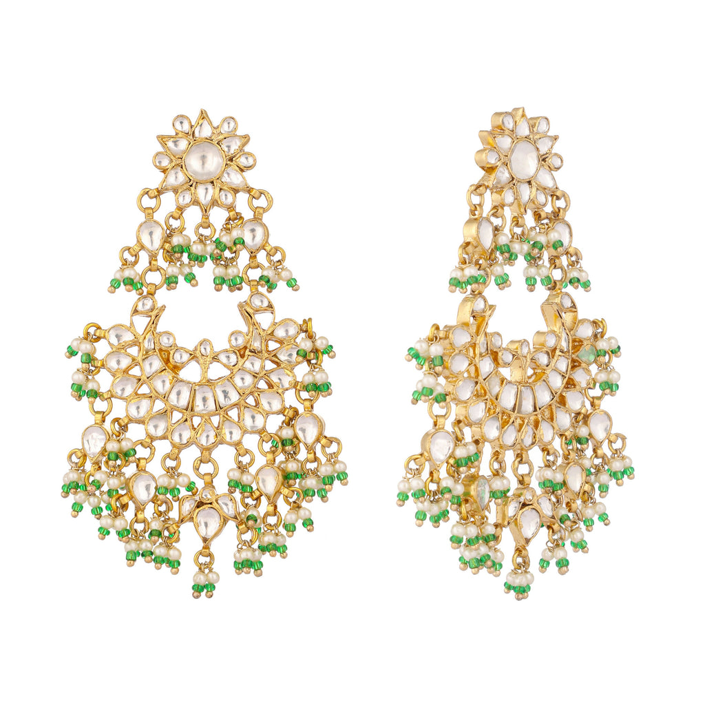 Nuyug 22K Gold-Plated Kundan & Pearl Studded Crescent Shaped Green Beads Chandbalis - Distacart
