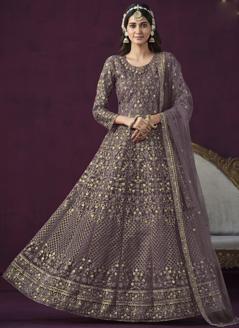 Vegaa Fashion Designer Purple Net Embroidery Anarkali Suit