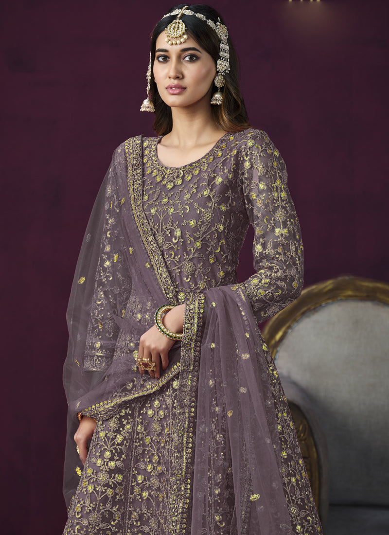 Vegaa Fashion Designer Purple Net Embroidery Anarkali Suit