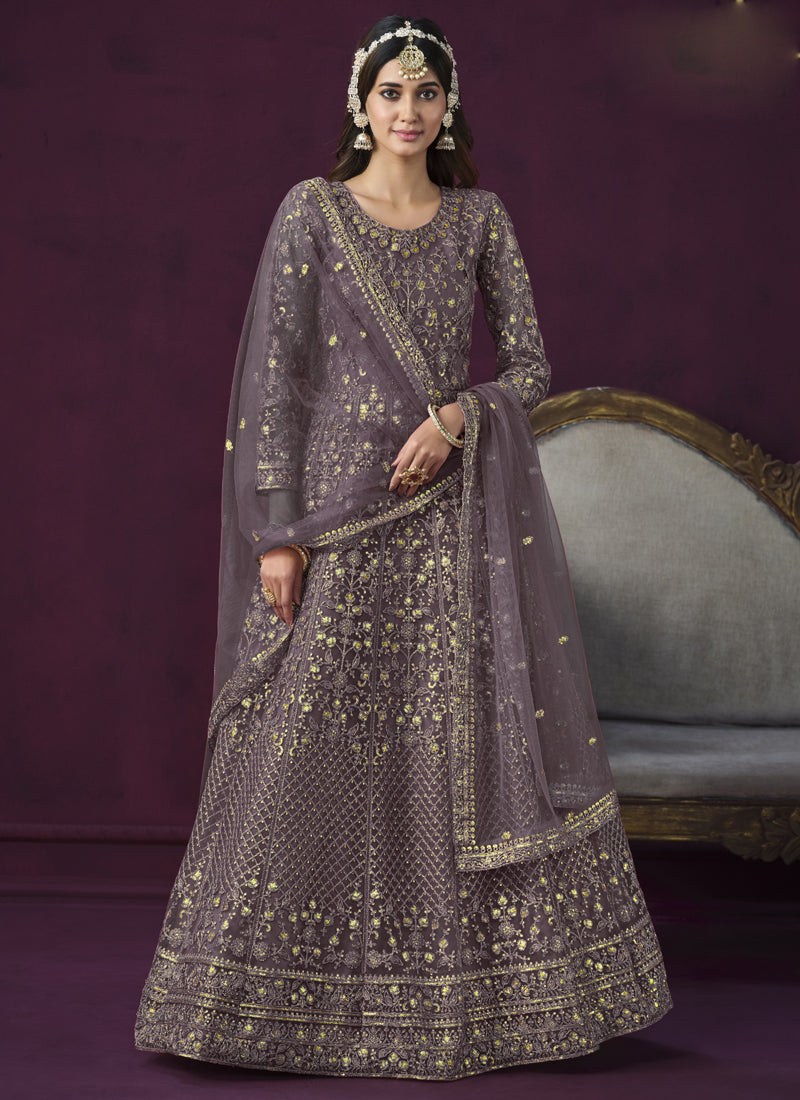Vegaa Fashion Designer Purple Net Embroidery Anarkali Suit