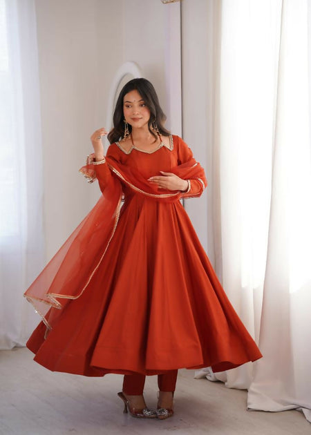 Lehenga Mart Designer Anarkali Suit With Kurta, Pant, Dupatta For Women-Rust