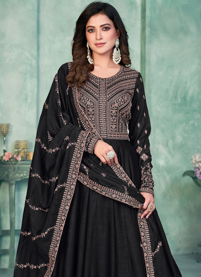 Vegaa Fashion Black Art Silk Embroidered Anarkali Suit