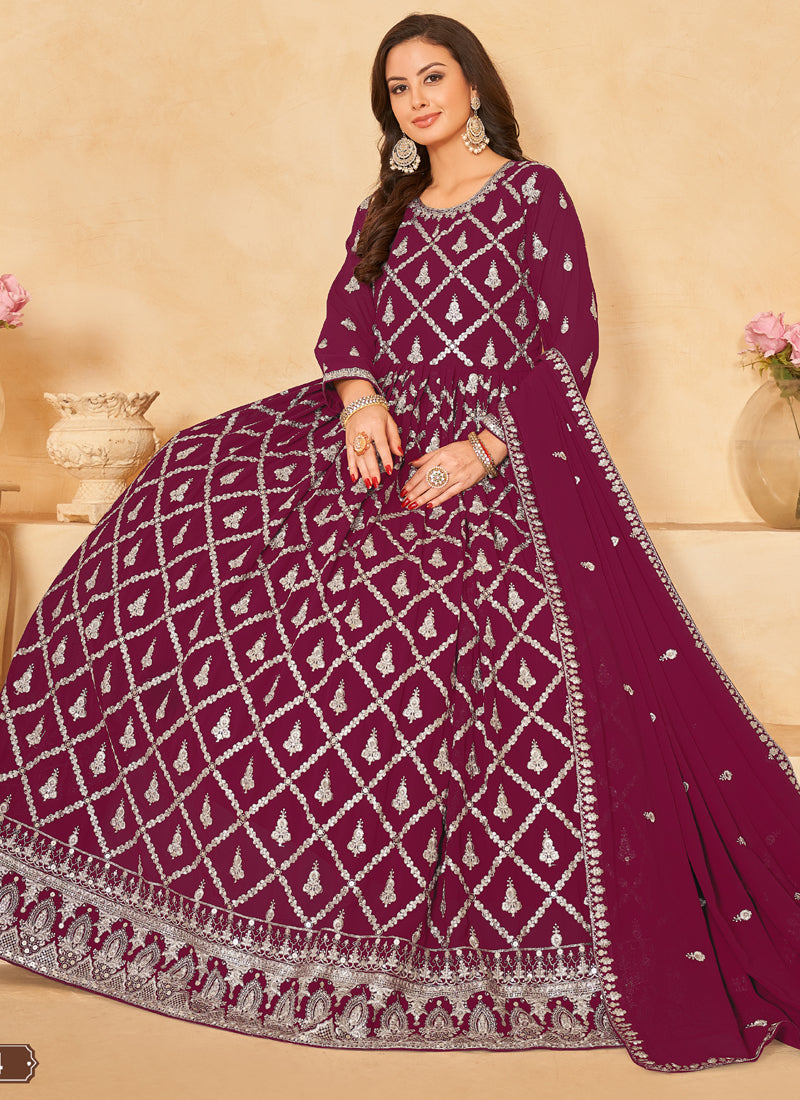 Vegaa Fashion Designer Wine Faux Georgette Embroidery Anarkali Suit