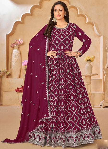 Vegaa Fashion Designer Wine Faux Georgette Embroidery Anarkali Suit