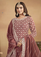 Vegaa Fashion Peach Chinon Silk Embroidered Lehenga Style Suit