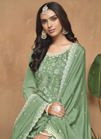 Vegaa Fashion Light Green Chinon Silk Embroidered Palazzo Suit