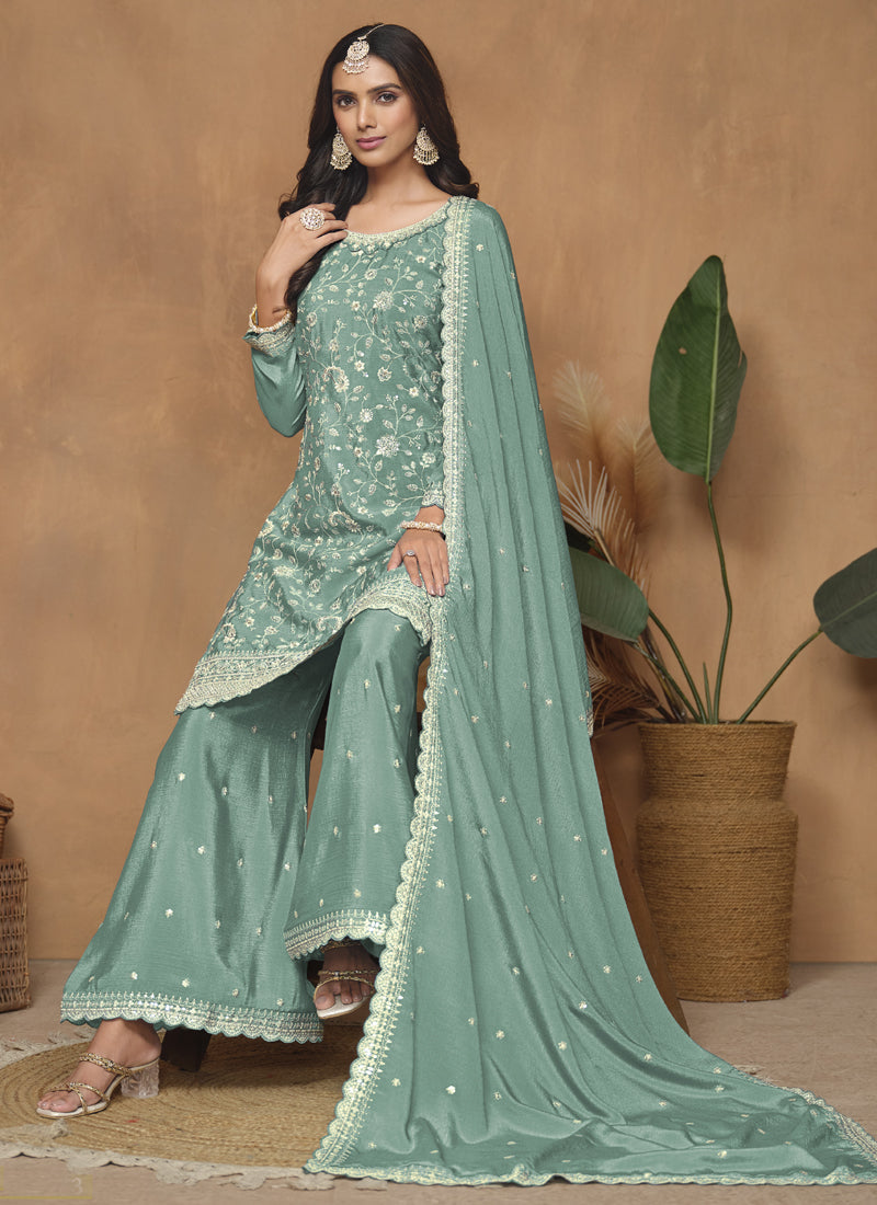 Vegaa Fashion Sea Green Chinon Silk Embroidered Palazzo Suit