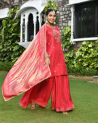 Vaasva Women's Silk Red Emboidered Solid Kurta, Sharara & Dupatta Set