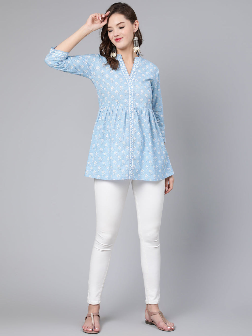 Antaran Light Blue Pure Cotton Printed Tunic