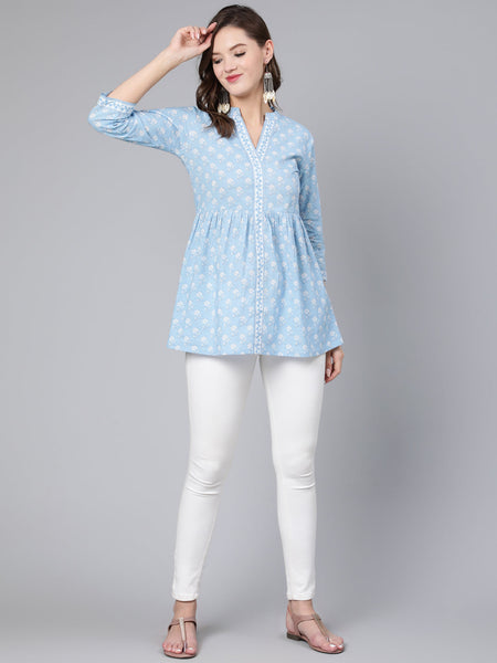 Antaran Light Blue Pure Cotton Printed Tunic