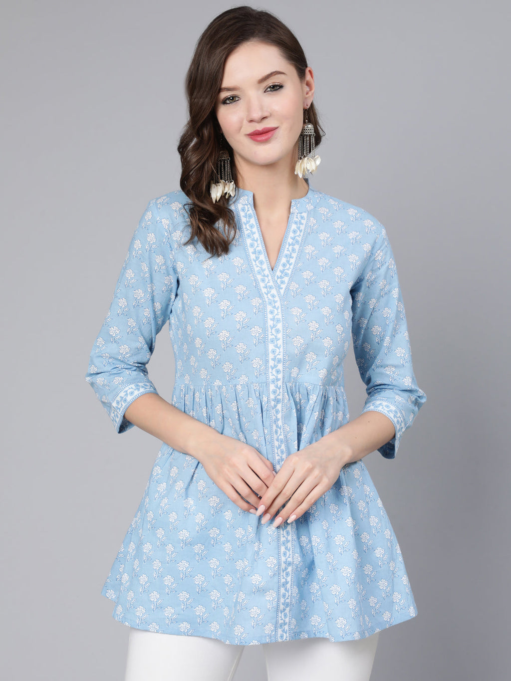 Antaran Light Blue Pure Cotton Printed Tunic