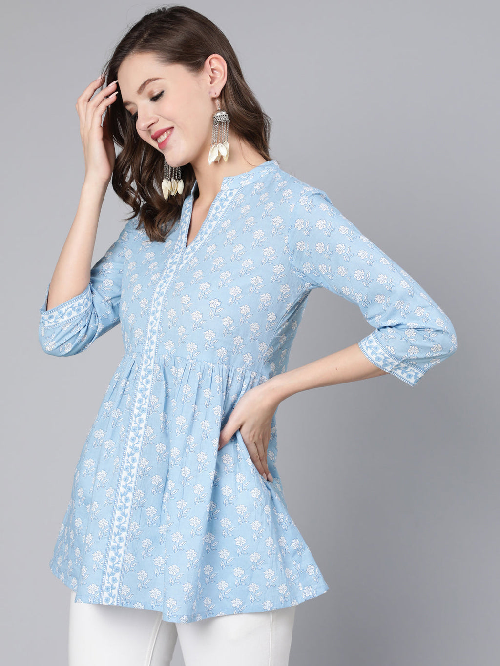 Antaran Light Blue Pure Cotton Printed Tunic