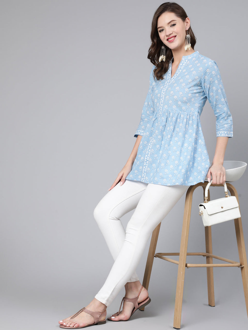 Antaran Light Blue Pure Cotton Printed Tunic