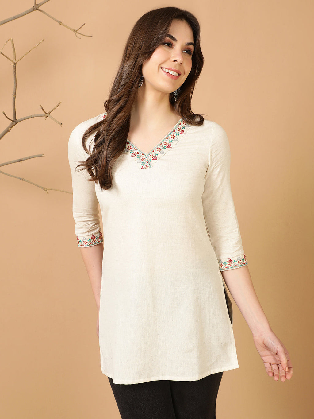 Antaran Off White Cotton Flex Embroidered Tunic