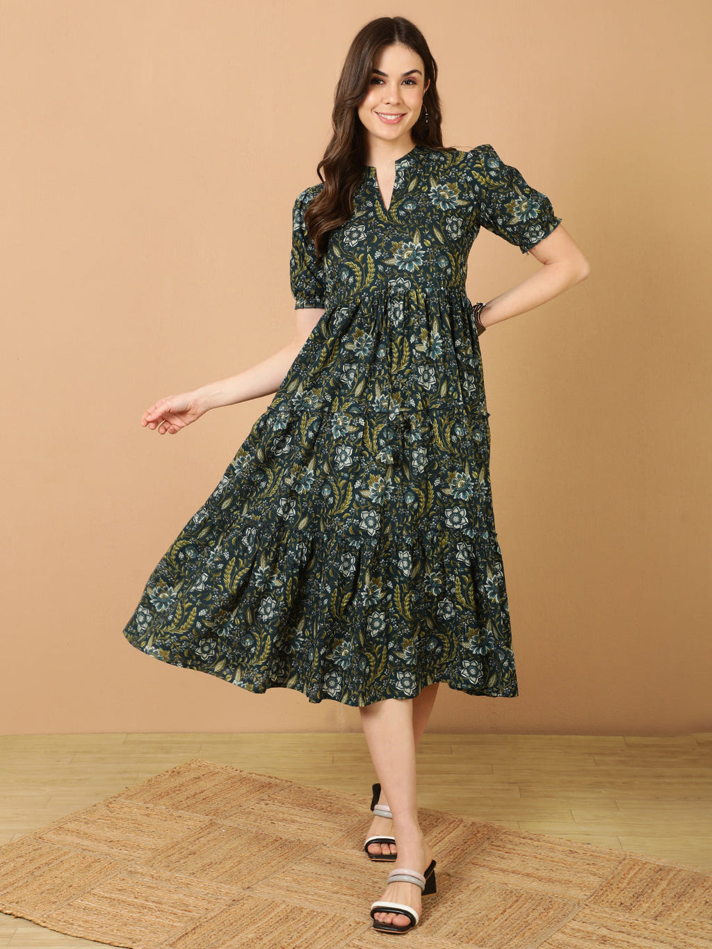Antaran Blue Pure Cotton Tiered Printed Dress - Distacart