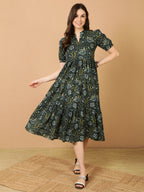 Antaran Blue Pure Cotton Tiered Printed Dress - Distacart